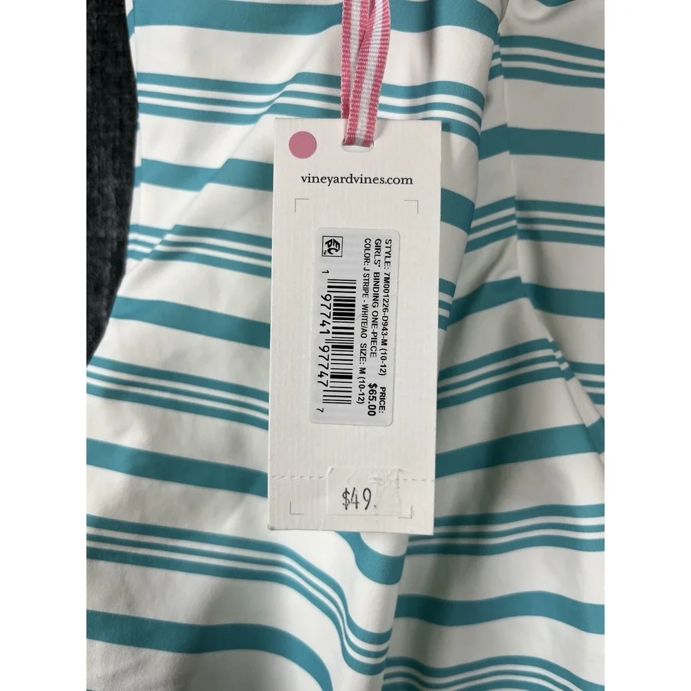 $65 NWT Vineyard Vines Sz M (10-12) Girls Swim Suit White Blue Green Stripe New